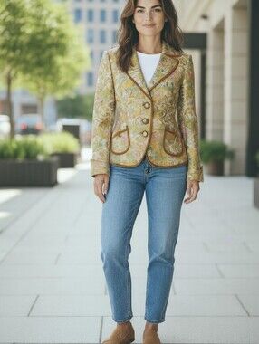 Vtg Classiques Entier Gold Floral Brocade Blazer Tapestry Velvet Trim Jacket S